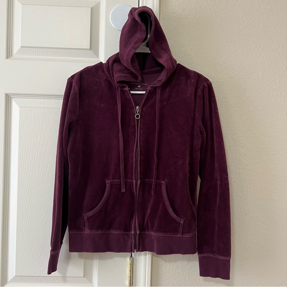 New York & Company Plum Velour Y2K Rhinestone Zipper Hoodie - Small